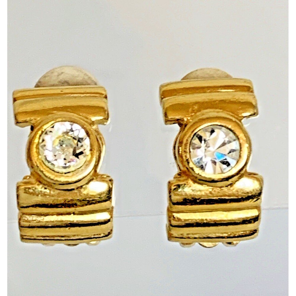 Vintage Carlisle Gold Tone Rhinestone Clip-On Earrings Retro Designer